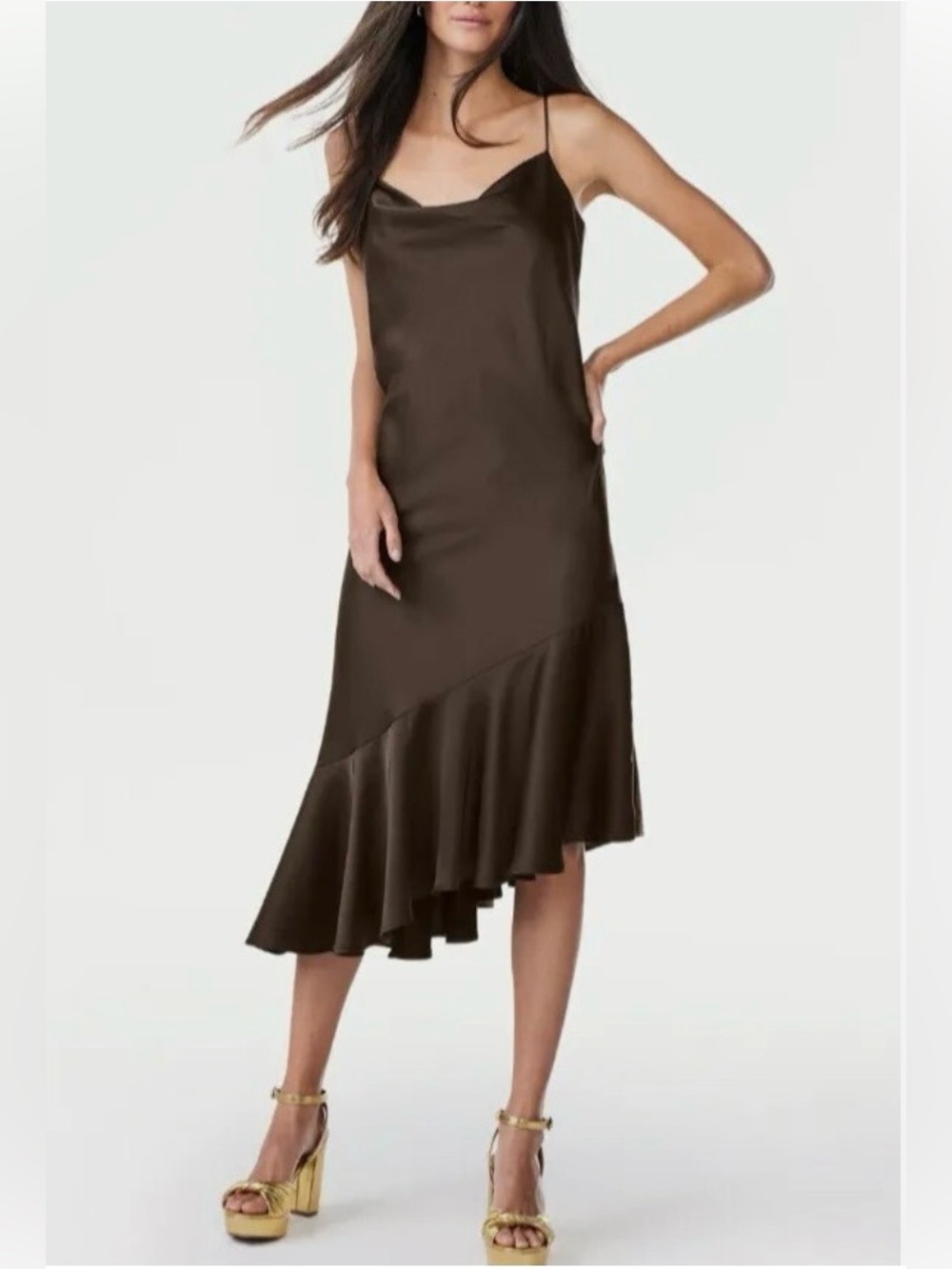 Scoop Satin Cowl Neck Asymmetrical Ruffle Midi Cami Dress Brown S 4-6